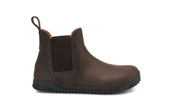 A brown leather Chelsea boot with a rugged sole, side elastic panel, and pull tab at the heel.