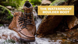 Pair of Waterproof Leather Boulder Boots in Weathered Umber, set on rocks in a stream