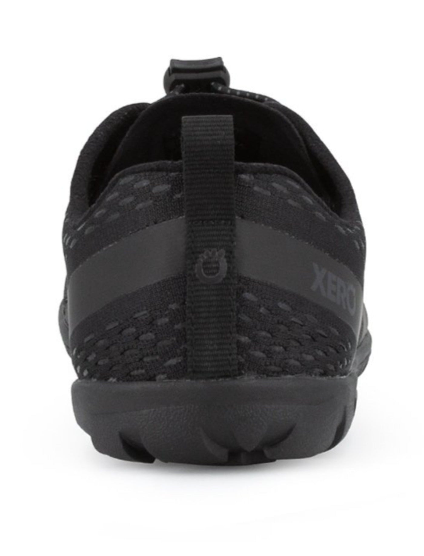 Rear view of Aqua X Sport women's sizing in black. Heel and back pull-on tab are shown