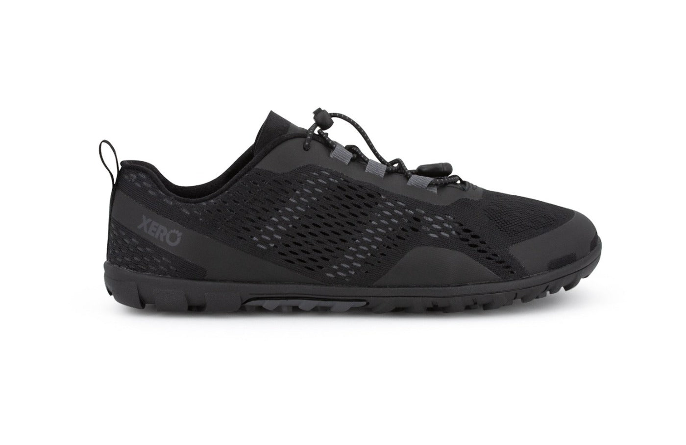 Side view of Aqua X Sport in black, lace toggle and mesh details are visible