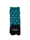 Children's Tabi Socks Black Cat on Turquoise with White Polka Dots