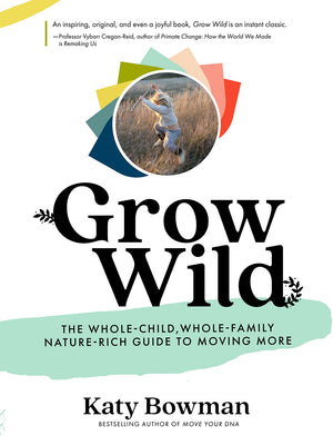 Cover of the book Grow Wild by Katy Bowman, with a small child jumping and moving among tall grass with multi-colour petal frame