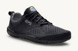 Lems Primal 2 from an angle that shows front and side. Black upper and outsole, grey lining.