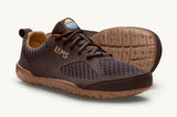 Pair of Lems Primal 2 in brown - right shoe shown from side angle has dark brown upper and lighter tan outsole and lining. Left shoe in background is set on its side to show grip texture on bottom of light tan sole.