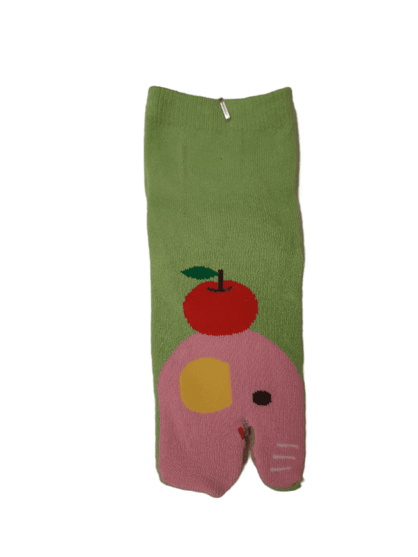 Children's Tabi Socks Pink Elephant With Apple On Green