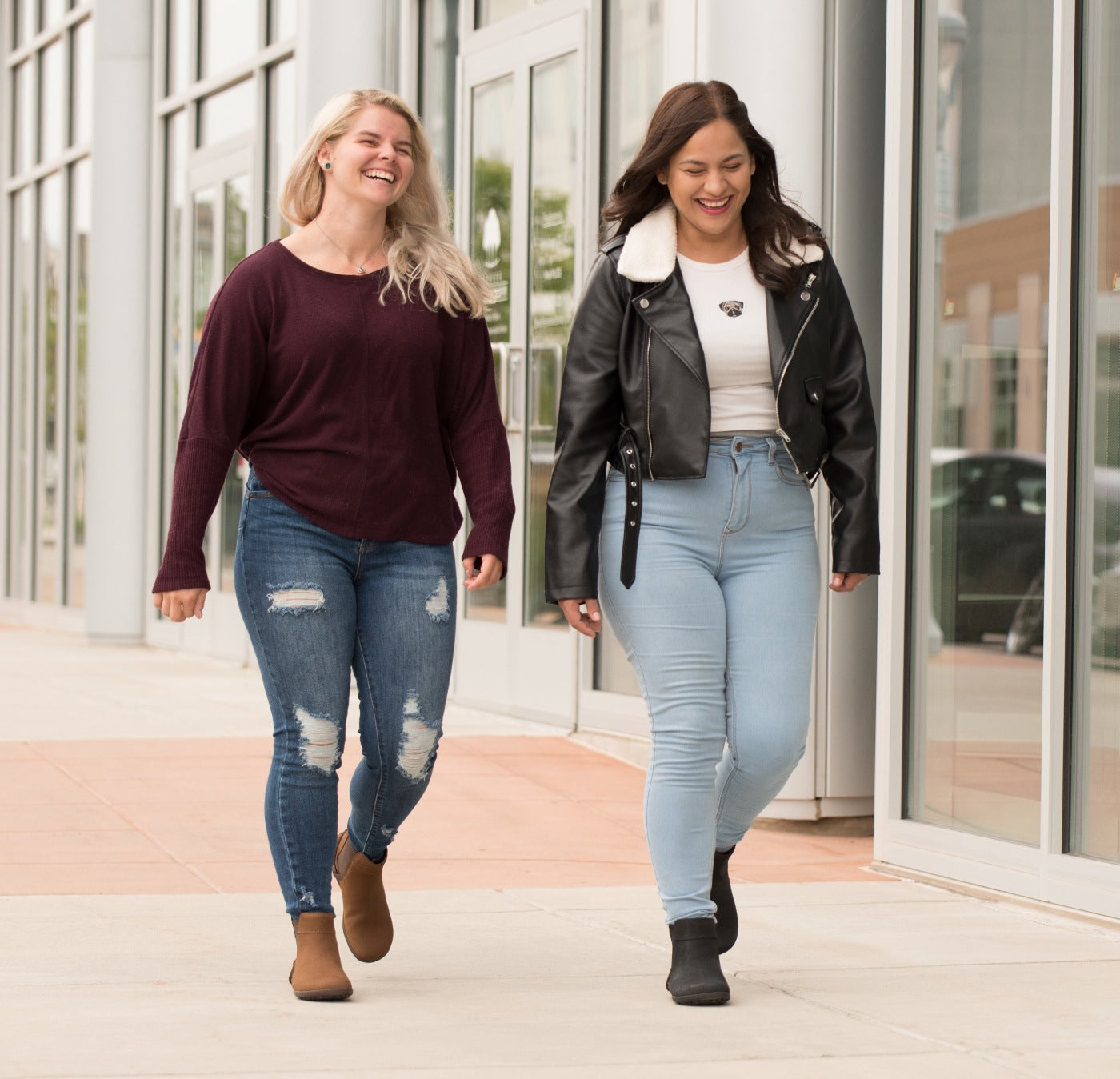 Wearing Toffee Tari boots with ripped blue jeans and Cranberry sweater, wearing black Tari Minimal Chelsea Boots with a white Tee, light blue jeans and a black leather jacket