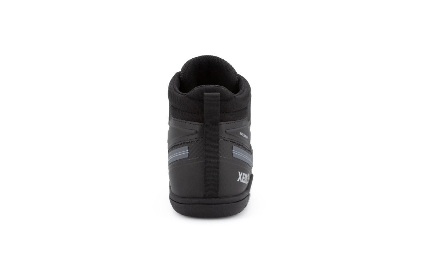 rear view of Xcursion Fusion in men's sizing in black - Pull-on tab is visible at zero-drop heel