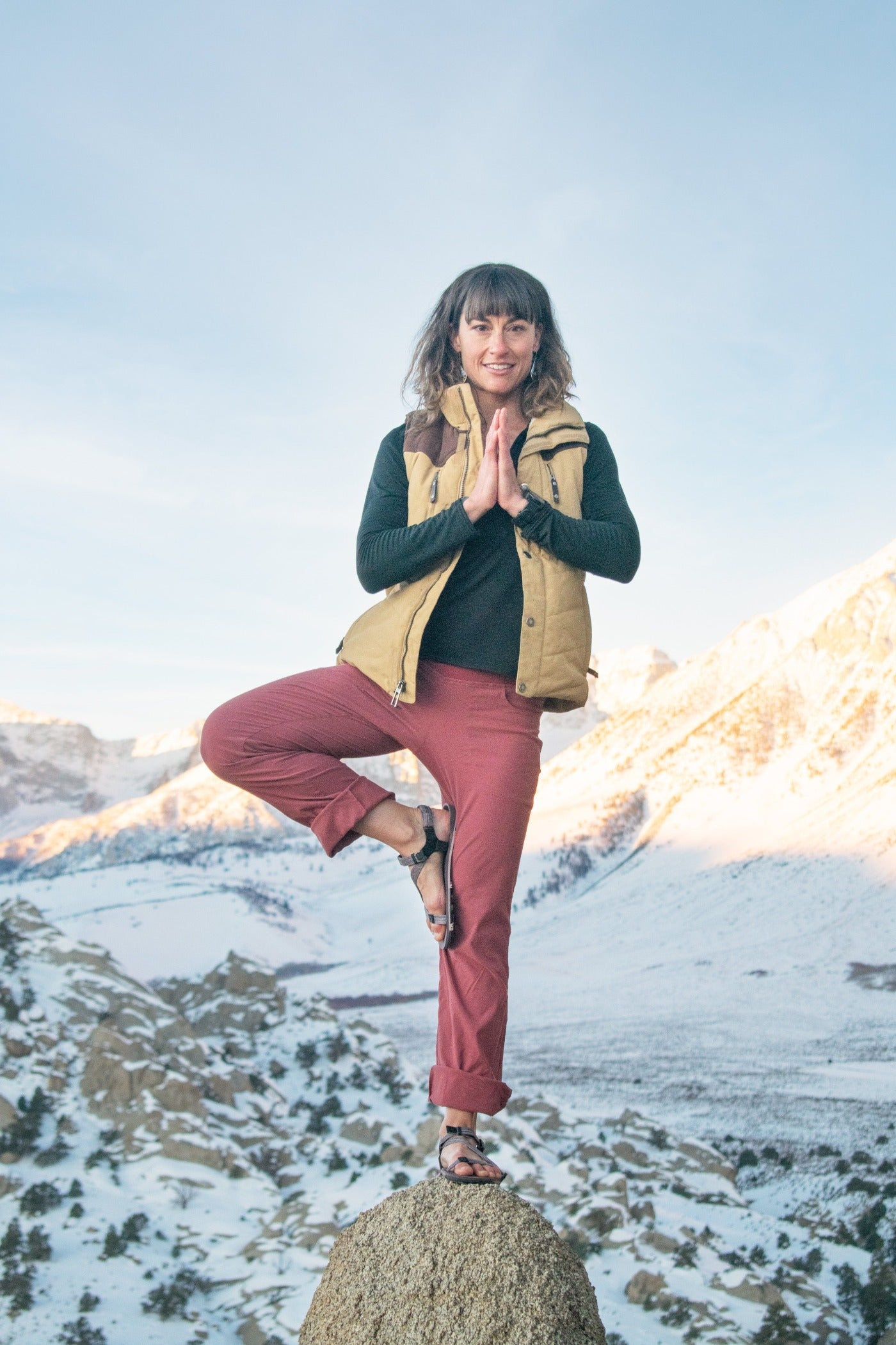 Tree pose on a rock at snowy mountainside in Z-Trail Dusty Rose style