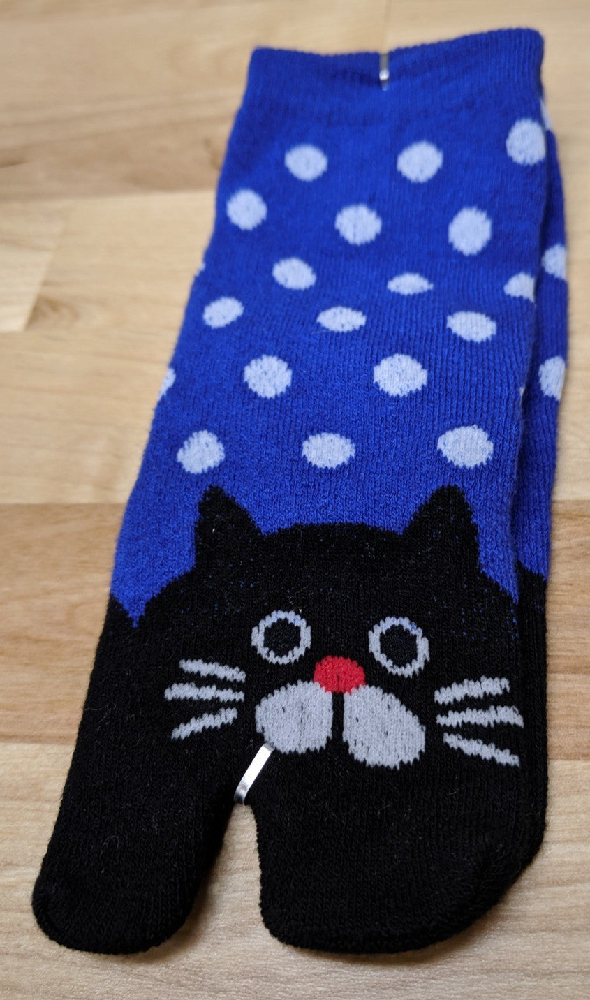 Children's Tabi Socks Black Cat on Blue with White Polka Dots