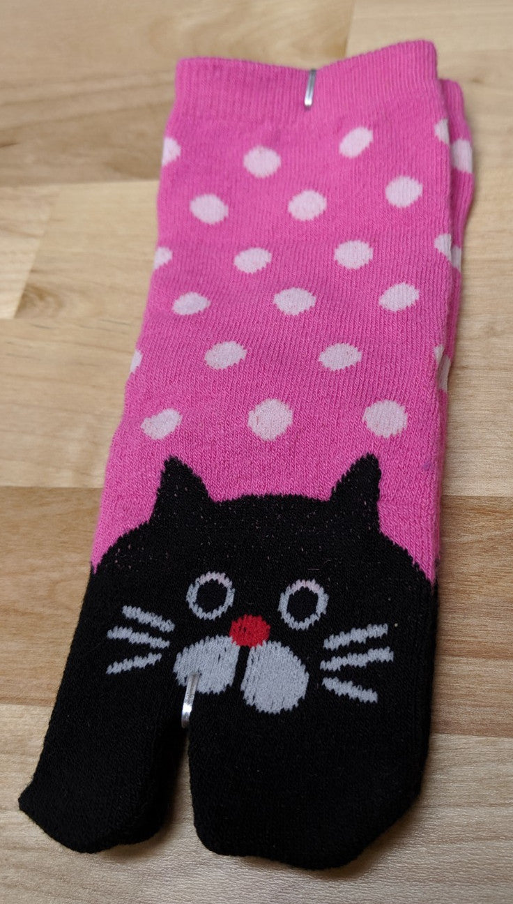 Children's Tabi Socks Black Cat on Pink with White Polka Dots