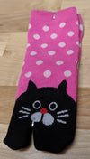 Children's Tabi Socks Black Cat on Pink with White Polka Dots