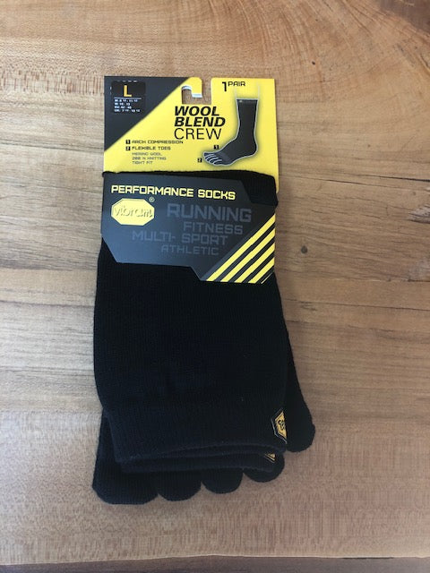 Pair of Vibram Merino Wool Crew Length Five-Toe Socks with minimal packaging