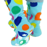 Back view of fleece non-slip socks for children showing non-slip bear paw pattern on bottom from toe to heel.