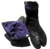 Pair of 5-fastener black tabi boots - one shows inner lining, one is fully fastened and upright.